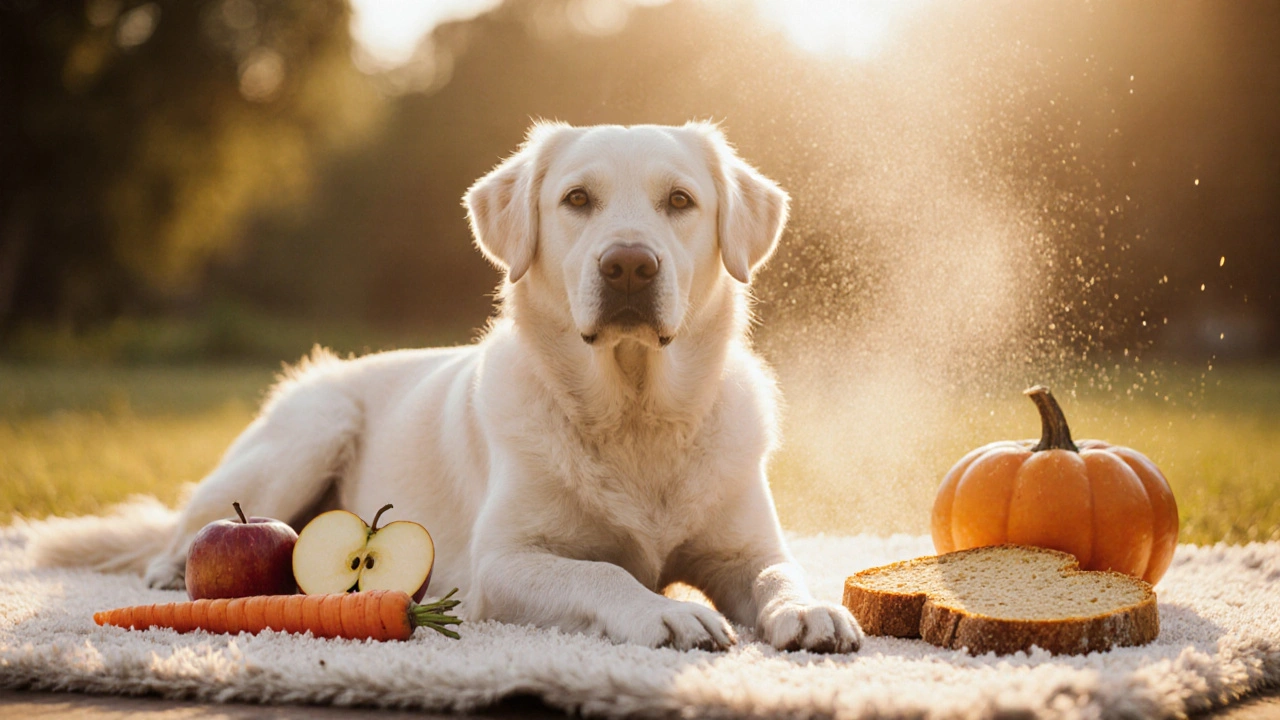 Собака отдыхает рядом с полезными лакомствами, а хлеб постепенно исчезает в пыли.