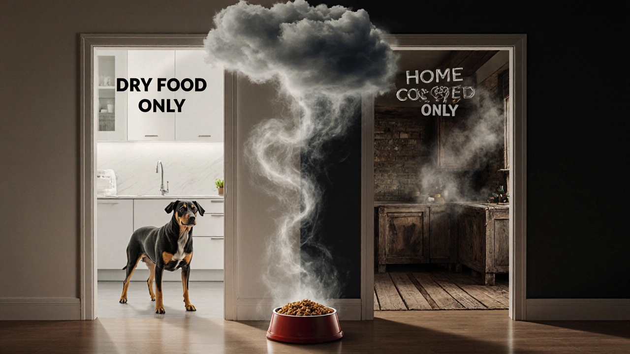 Собака перед двумя дверями: одна — с сухим кормом, другая — с натуральной едой, смешанное кормление внизу в тучах.