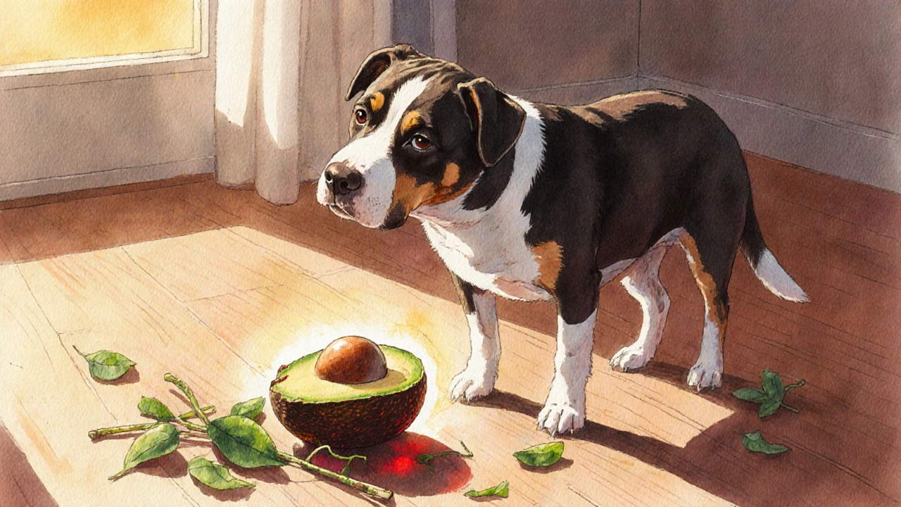 Собака рядом с авокадо и косточкой на полу, символизирующий токсичность.