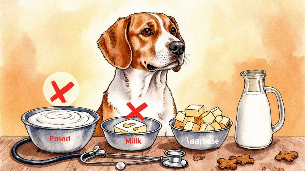 Собака рядом с мисками безопасных молочных продуктов и запрещённым молоком.