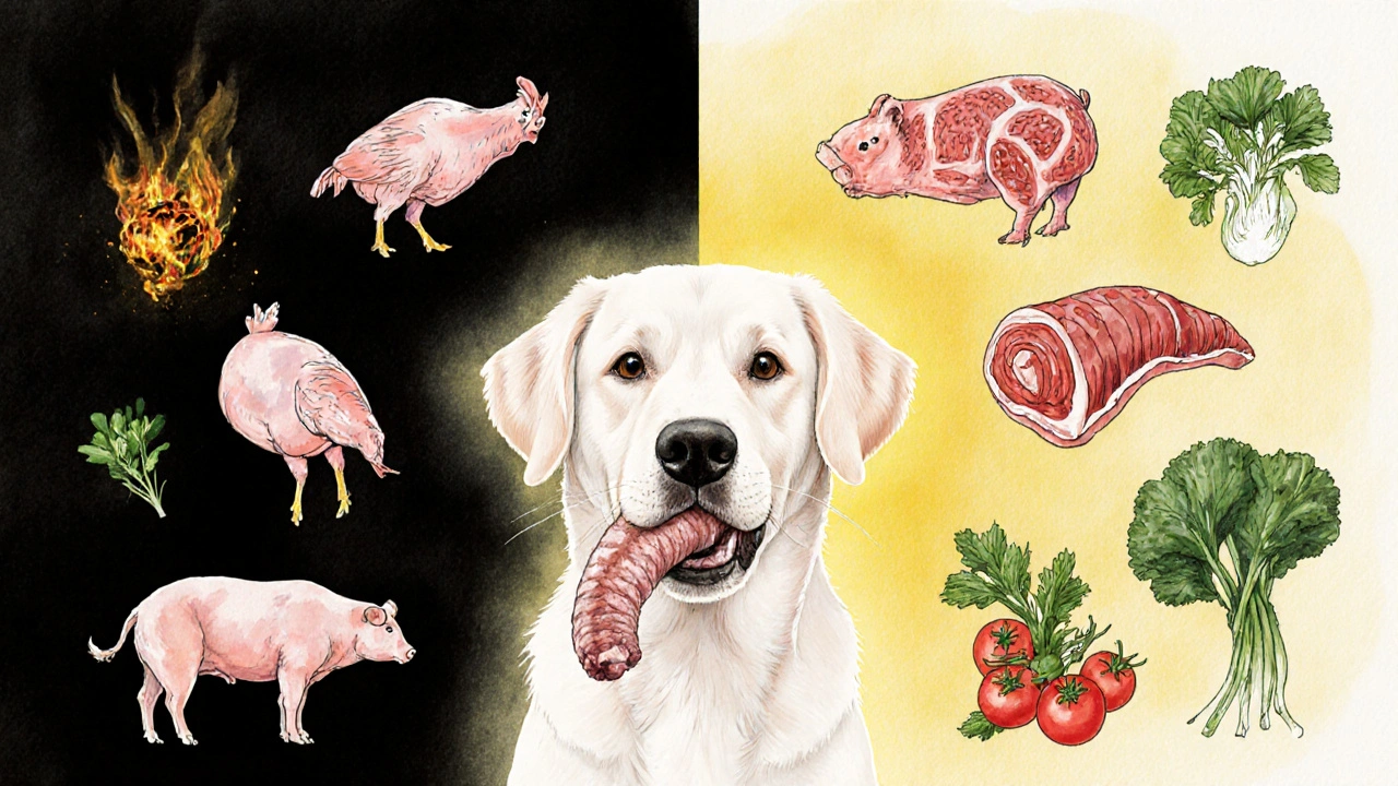 Собака с кусочком ягнятины, вокруг нее светлые и темные зоны, символизирующие полезные и вредные продукты.