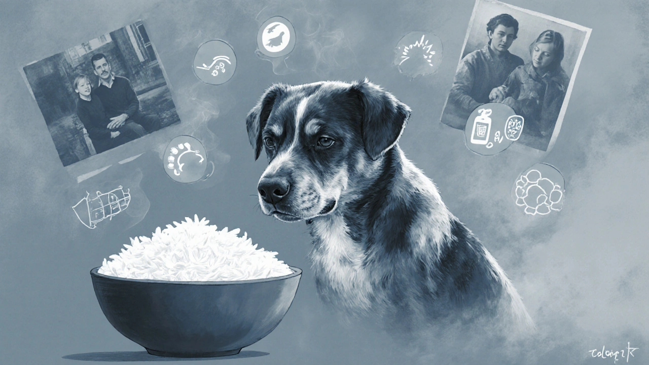 Собака с тусклой шерстью смотрит на миску с рисом, символизируя недоедание.