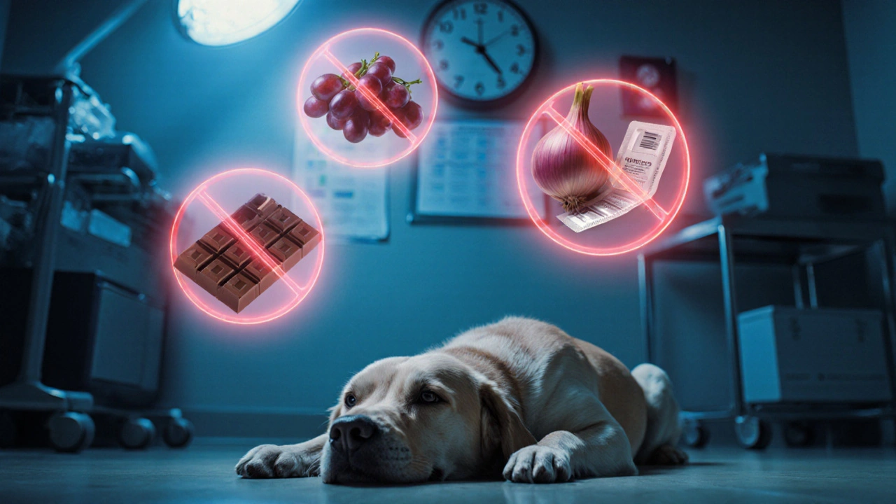 Собака слабо лежит в ветеринарной клинике, вокруг нее — призрачные образы ядовитых продуктов.