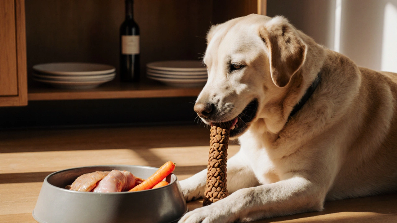 Собака жует безопасную игрушку, рядом — варёное куриное мясо и морковь.