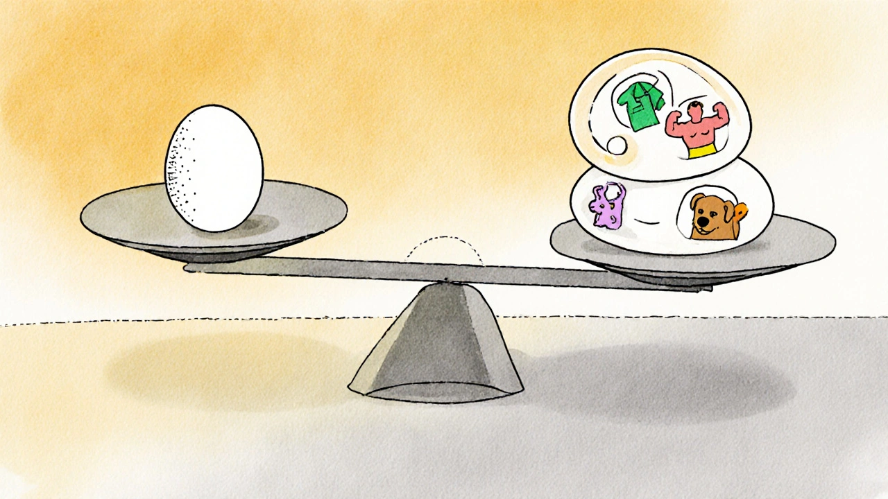 Сравнение пользы и риска яиц для собак в виде весов.