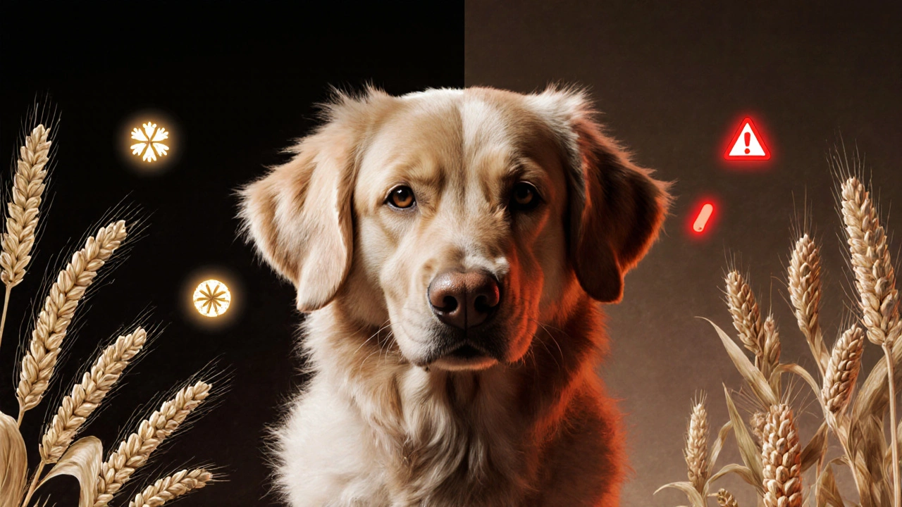 Сравнение полезных и вредных зёрен для собак: здоровая собака с овсом и вредная с пшеницей.