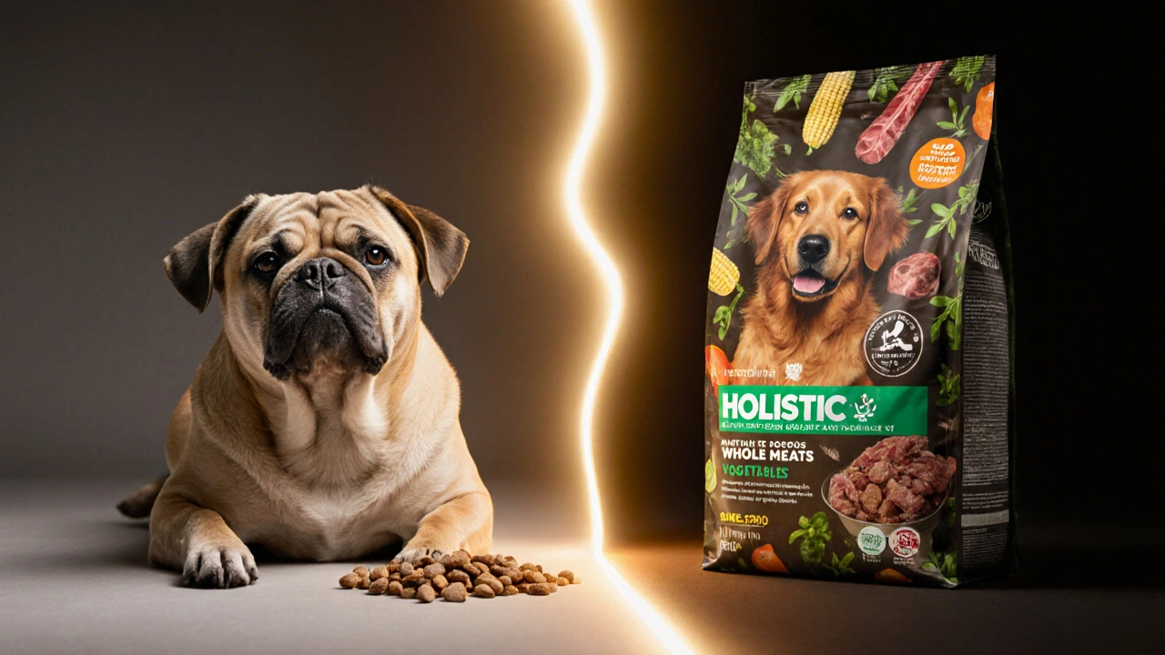 Сравнение: слева — уставшая собака с обычным кормом, справа — активная собака с холистическим кормом, разделённые светом.