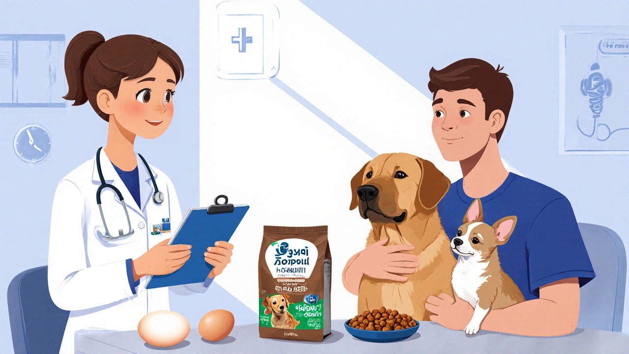 Ветеринар объясняет владельцу, сколько яиц можно давать собаке.