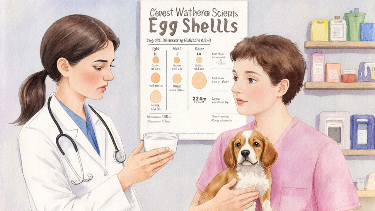 Ветеринар объясняет владельцу собаки, как правильно давать яйца щенку.