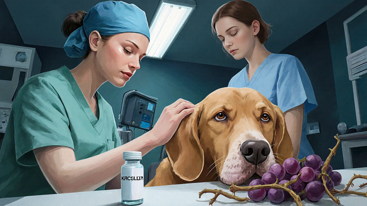Ветеринар осматривает больную собаку с признаками отравления.