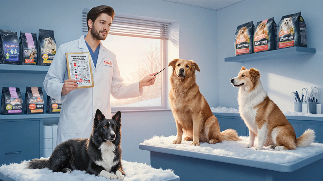 Ветеринар показывает владельцу результаты анализов собак, евших премиальный корм.
