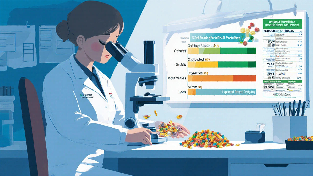 Ветеринарный диетолог исследует состав сухого корма под микроскопом, на столе — сравнение качественных и низкокачественных ингредиентов.