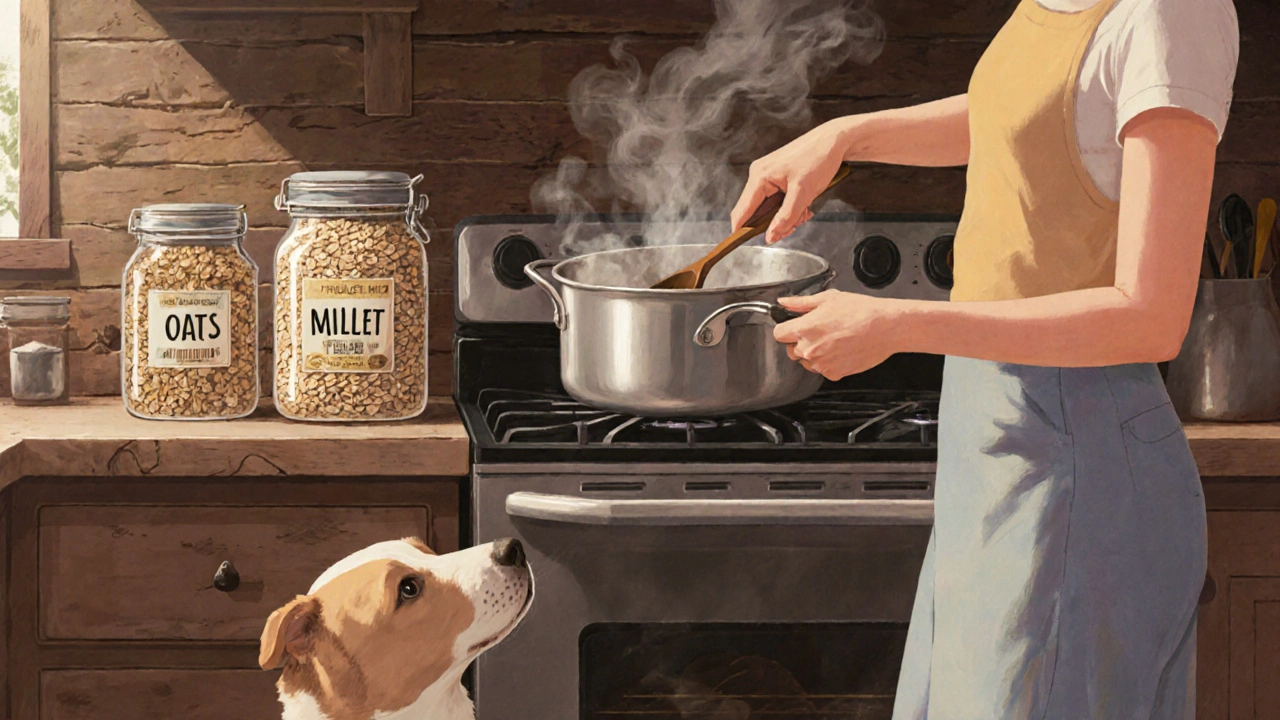 Владелец готовит кашу для собаки на кухне, рядом стоят баночки с зёрнами.