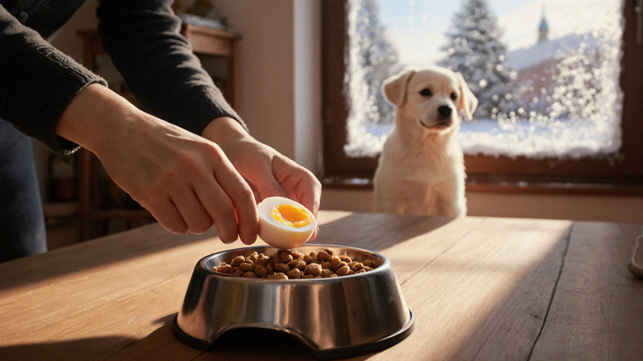 Владелец кормит щенка четвертинкой вареного яйца в уютной кухне с зимним окном.