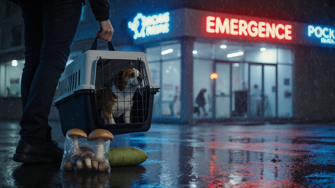 Владелец с собакой у ветеринарной клиники ночью, в руке мешочек с грибами.