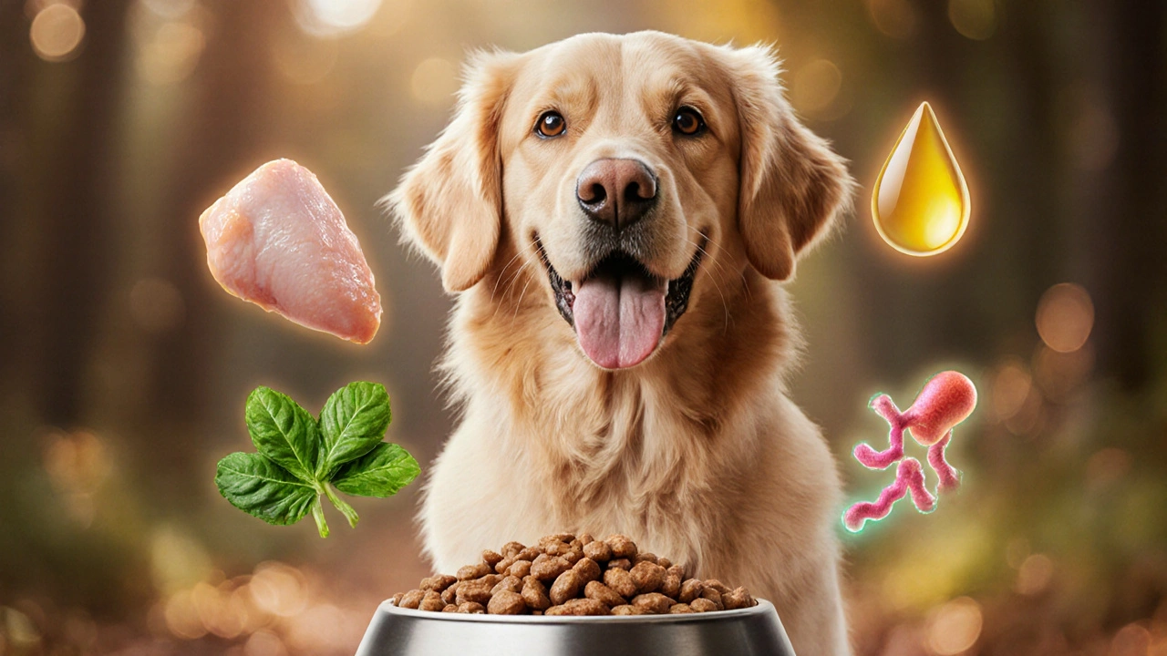 Здоровая собака с блестящей шерстью рядом с миской холистического корма, вокруг которой плавают символы полезных компонентов.