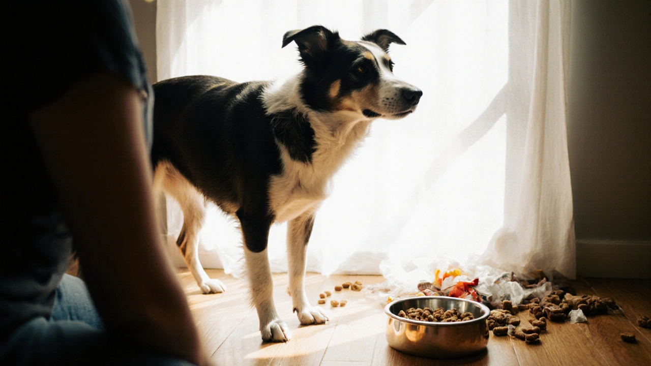 Здоровая собака с видимыми рёбрами смотрит на владельца, рядом — маленькая миска, а вокруг — человеческие лакомства.