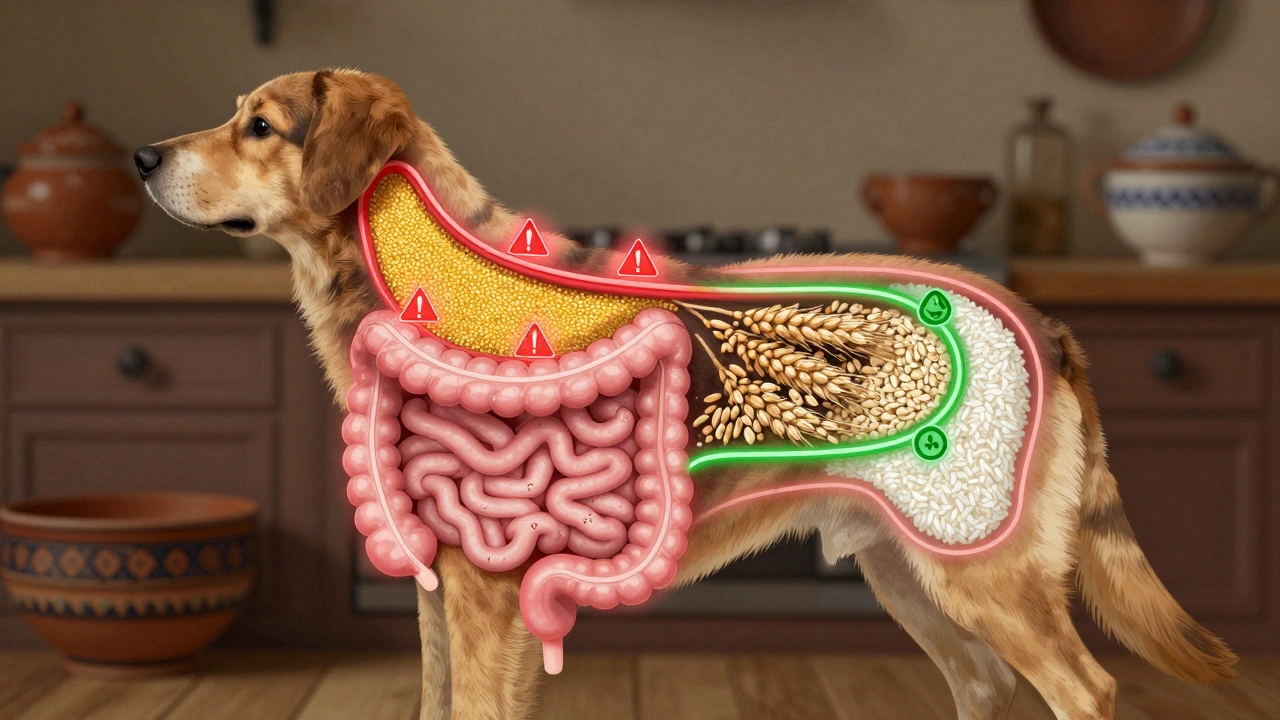 Анатомическая иллюстрация пищеварительной системы собаки с красными предупреждениями над вредными злаками.