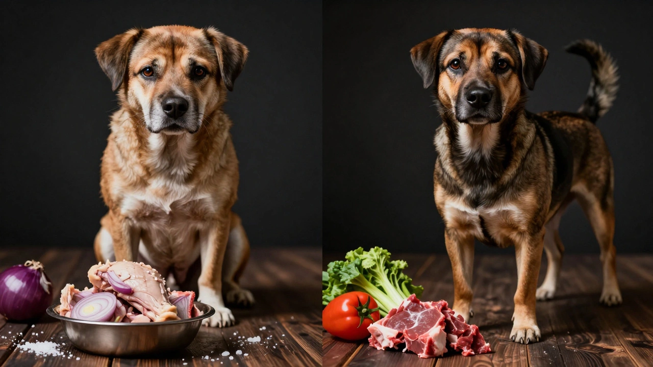 Два состояния собаки: одна больная от вареного мяса, другая здоровая с сырой пищей.