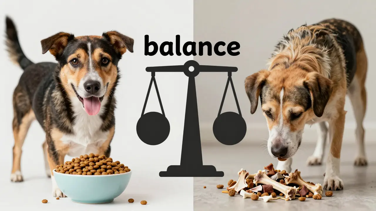 Два состояния собаки: здоровая на фоне правильного питания и слабая при неправильном.