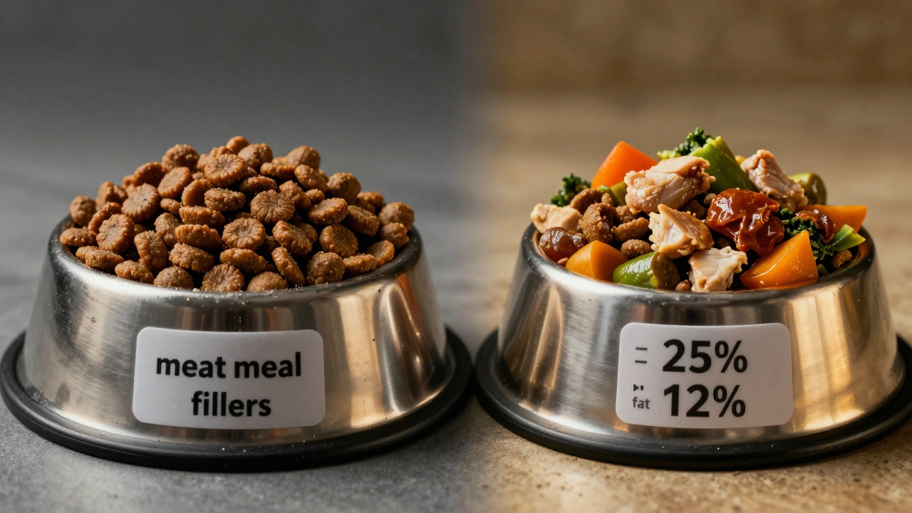 Две миски с кормом: плохой и хороший — контраст качества и состава.
