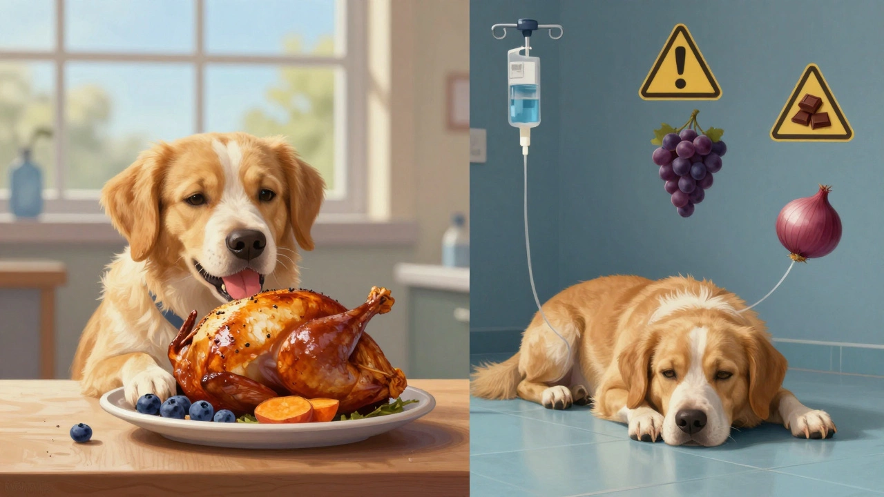 Двусторонняя сцена: собака радуется здоровой еде и лежит в ветклинике с капельницей.