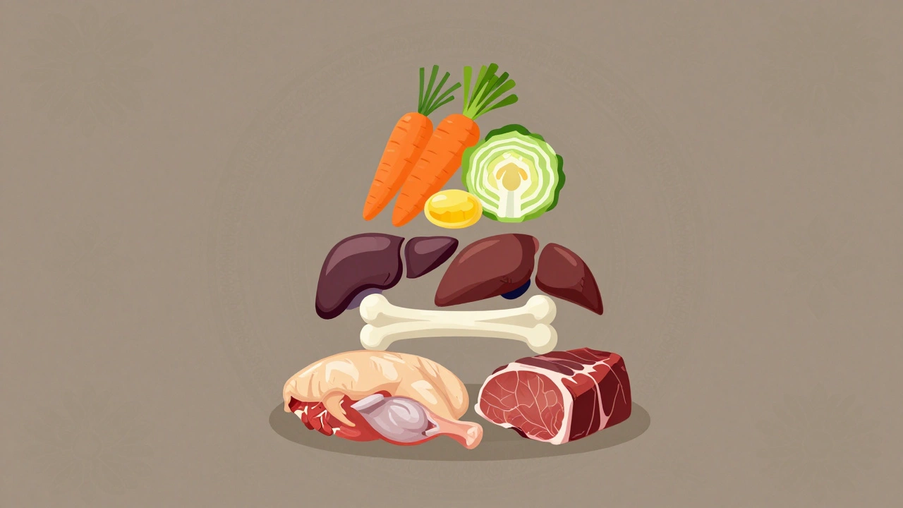 Иллюстрация идеального рациона собаки в виде пирамиды из мяса, органов и овощей.