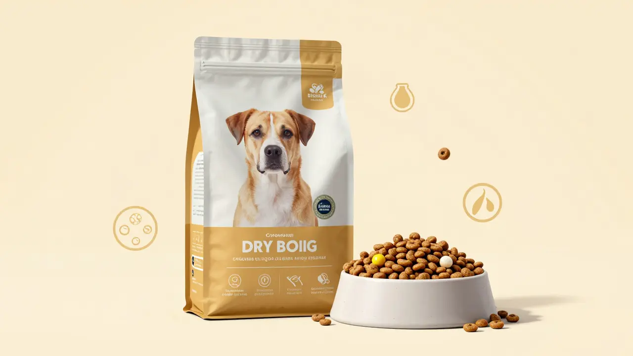 Качественный сухой корм с видимыми натуральными ингредиентами и питательными добавками.