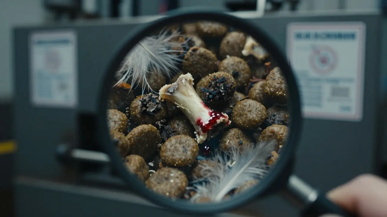 Крупный план сухого корма под лупой: видны кости, перья и загрязнения внутри гранул.