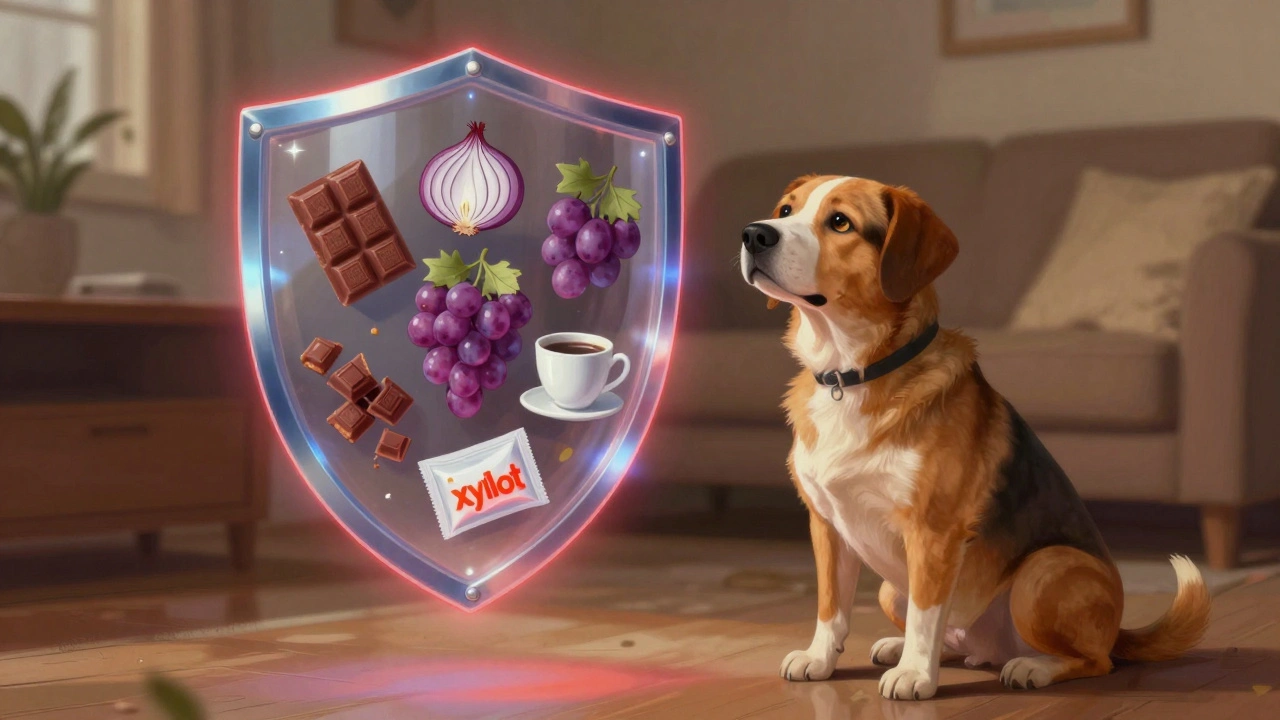 Между собакой и хозяином — прозрачный щит с символами токсичных продуктов.