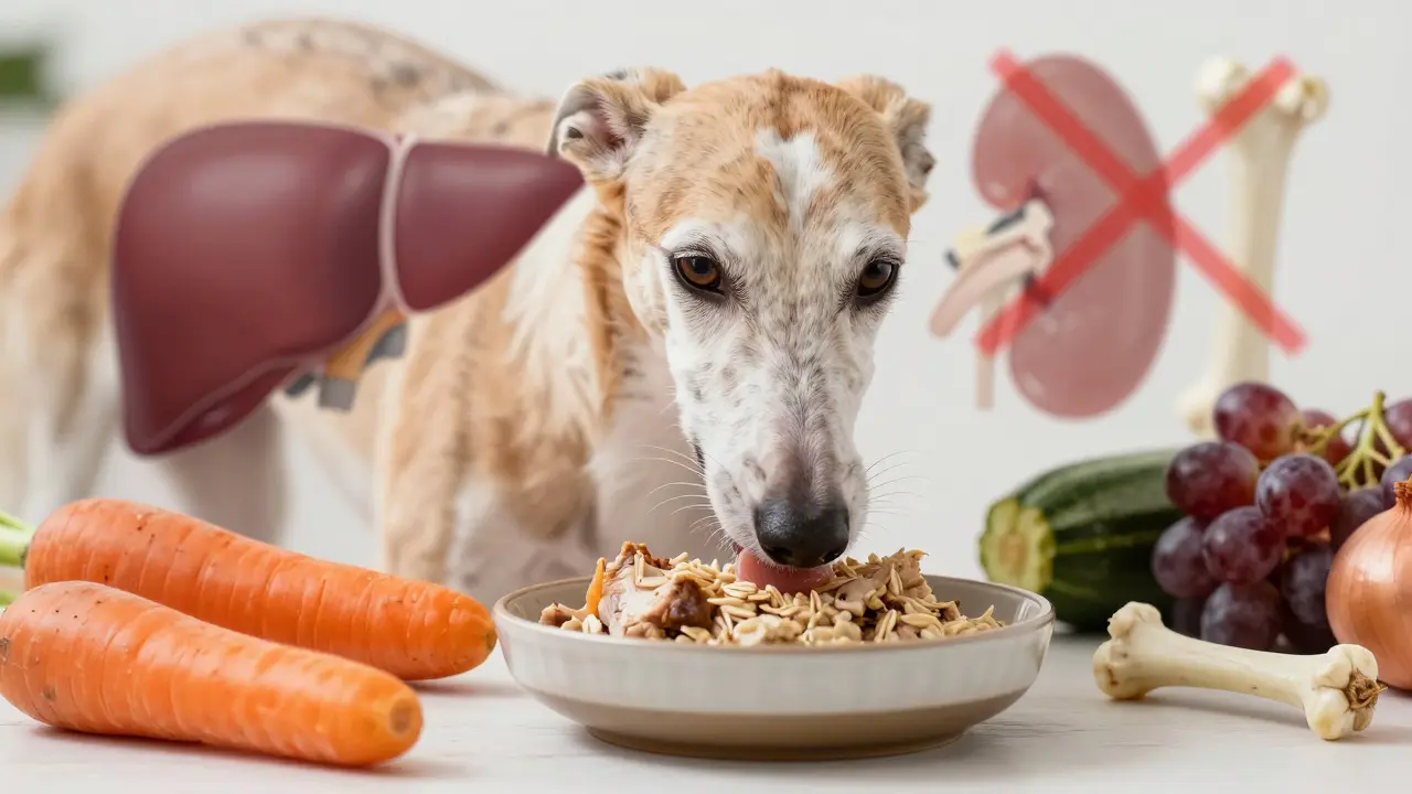 Пожилая собака ест мягкую пищу, рядом — безопасные и опасные продукты.