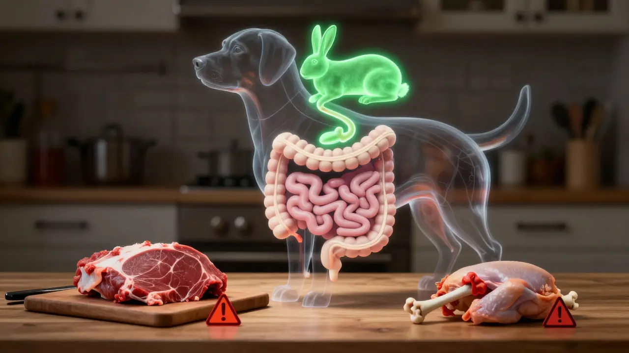 Прозрачный скелет собаки с визуальным сравнением безопасных и опасных видов мяса.