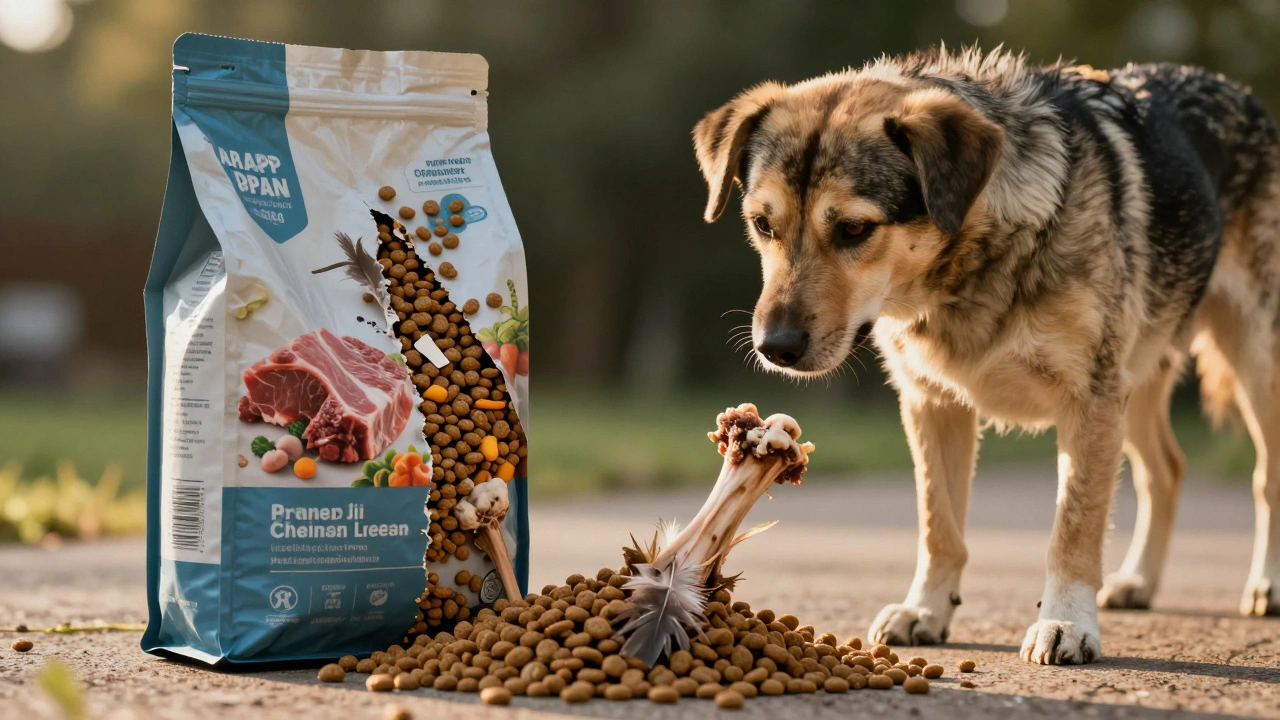 Разрезанная упаковка корма: одна сторона — натуральные ингредиенты, другая — отходы и химия.