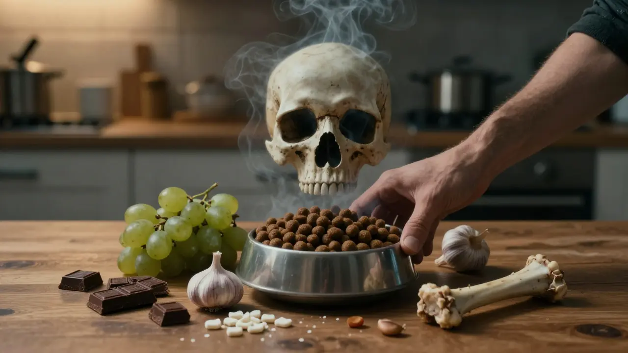 Рука кладет собачий корм рядом с ядовитыми продуктами, дым формирует череп.