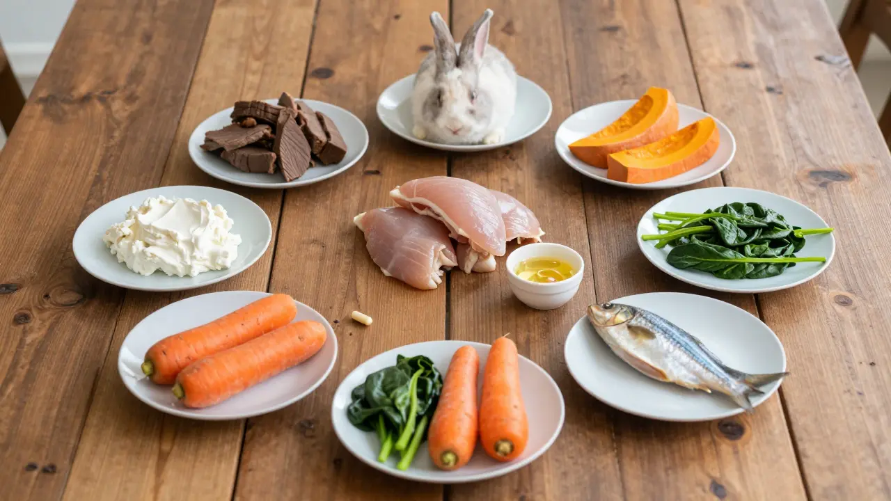 Семь тарелок с разными видами мяса, овощей и добавок для собаки.