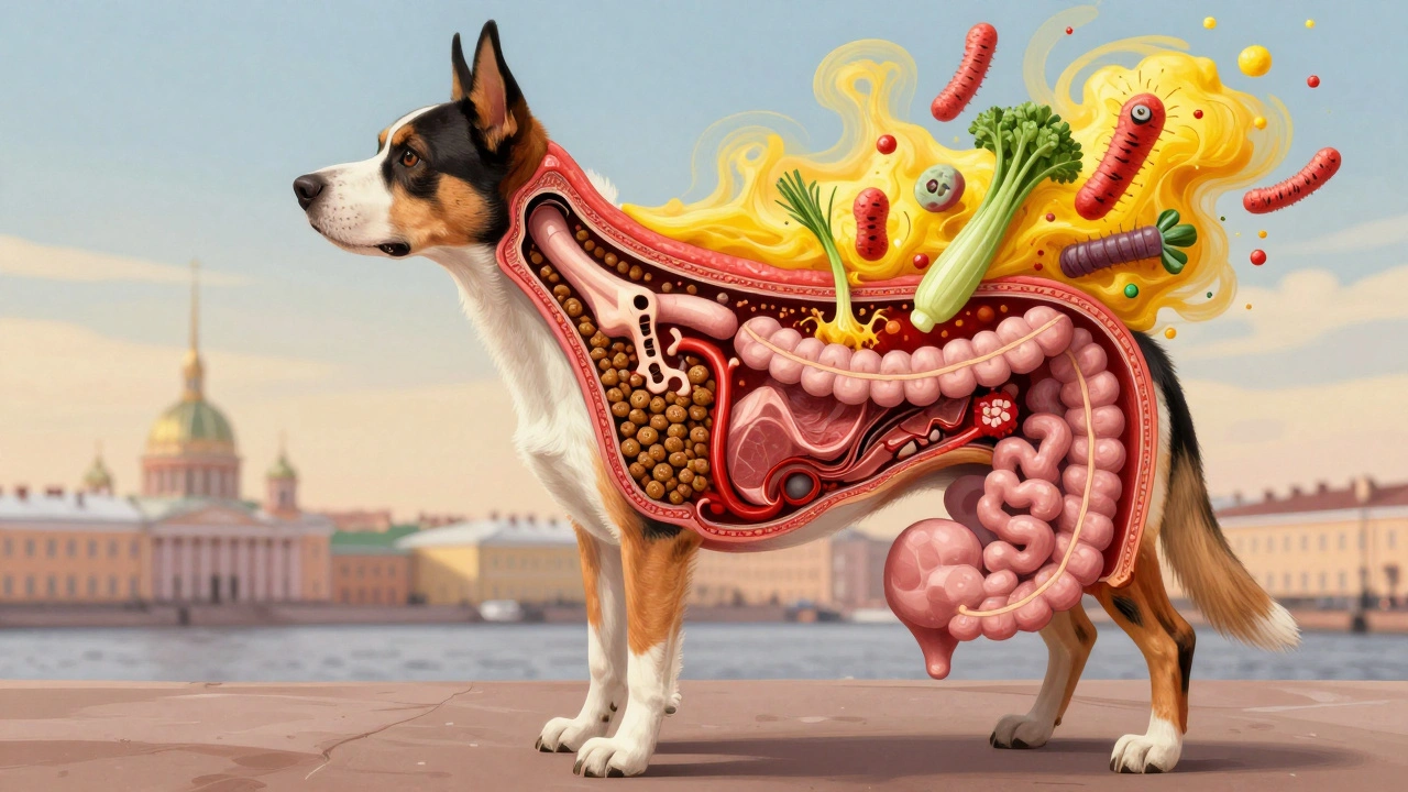 Схема пищеварительной системы собаки с конфликтом между сухим кормом и натуральной едой.