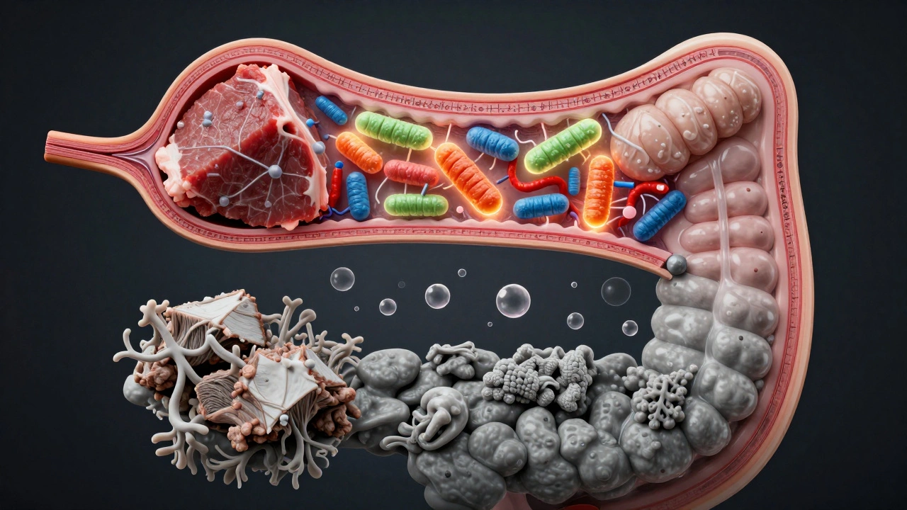 Схема пищеварительной системы собаки: сырое мясо с полезными бактериями и вареное — с вредными газами.