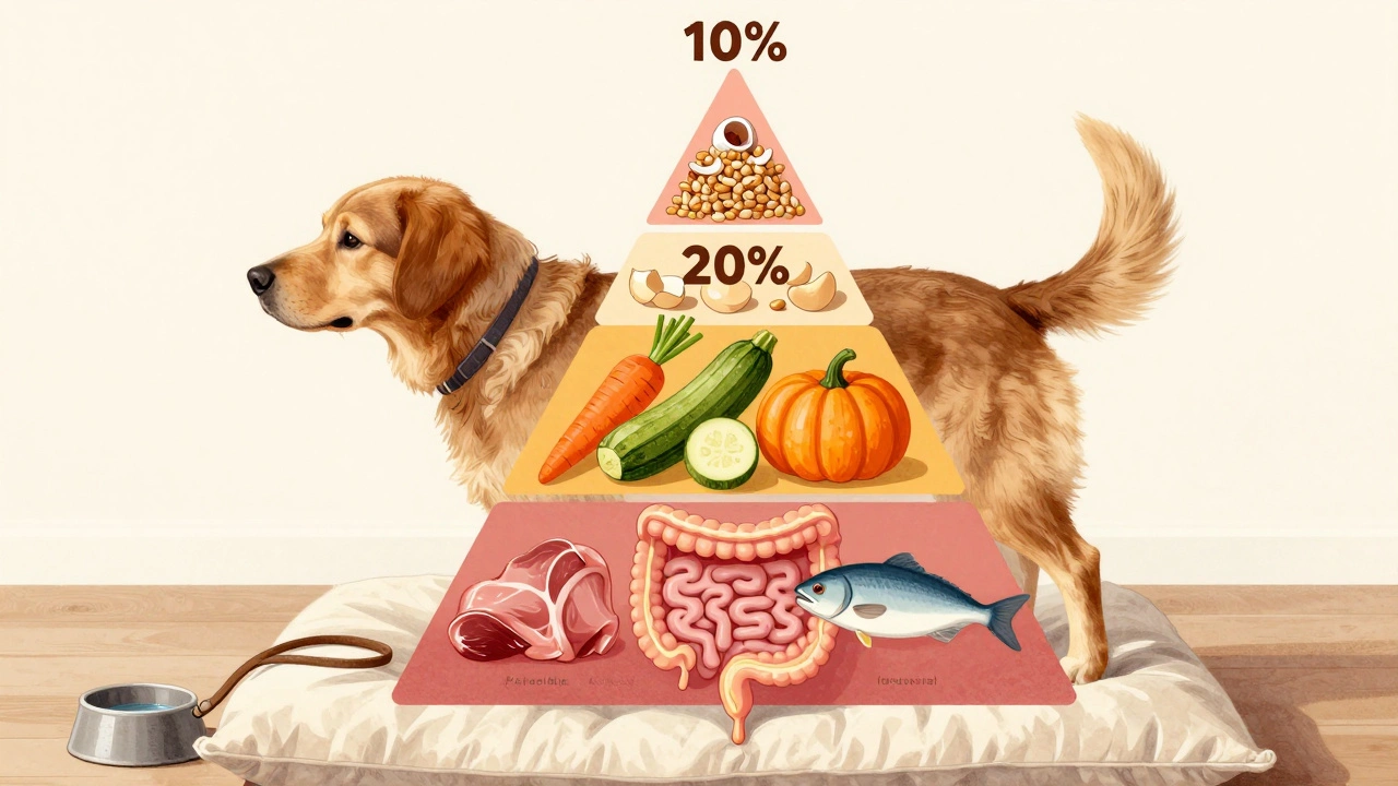 Схема сбалансированного рациона для собак: мясо, овощи и добавки в виде пирамиды над лежанкой.