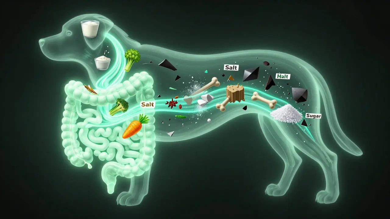 Схематичное изображение пищеварения собаки с безопасными и вредными компонентами.