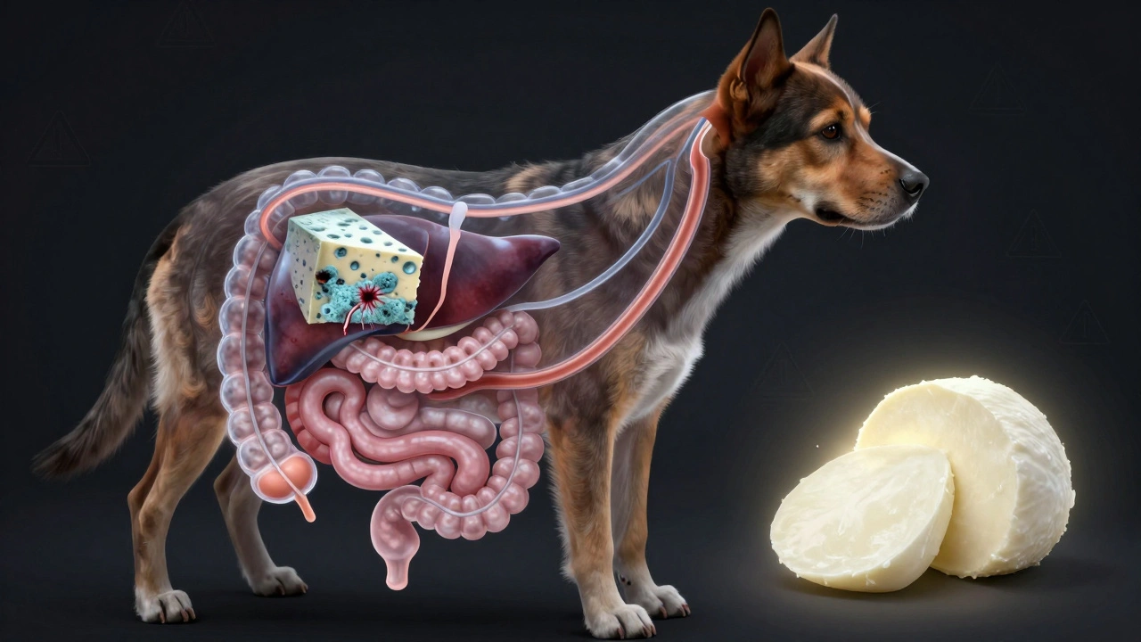 Схематичное изображение пищеварительной системы собаки с опасным плесневелым сыром.