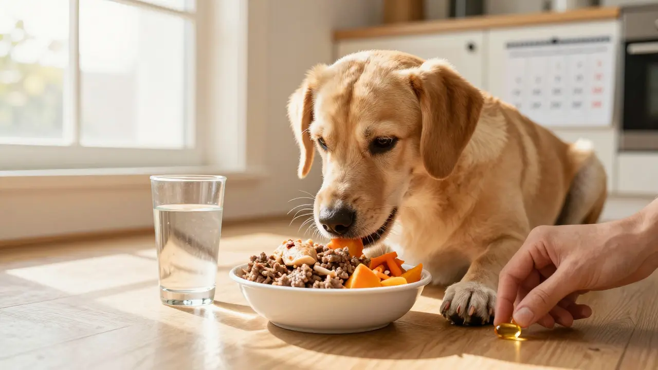 Собака ест свежую пищу из миски: курица, говядина, морковь, рядом стакан воды и солнечный свет.