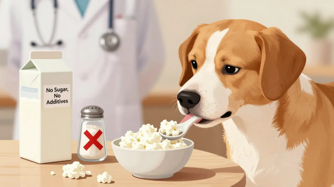 Собака лизает творог с ложки, рядом — безсолевые и безсахарные ингредиенты.