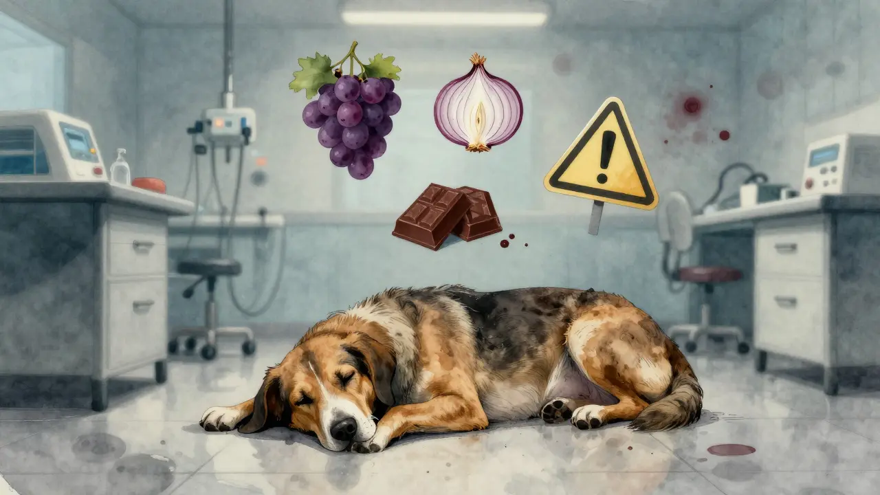 Собака на ветеринарном полу, вокруг — символы токсинов: виноград, лук, шоколад.