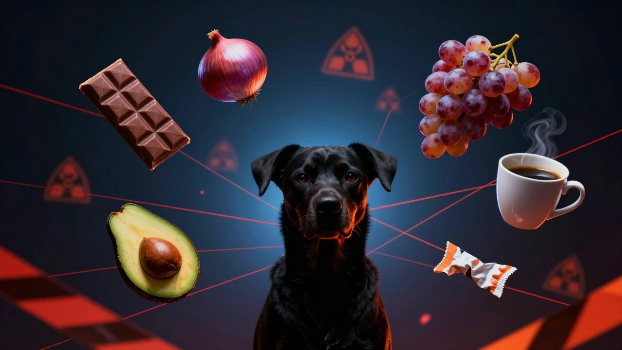 Собака окружена плавающими опасными продуктами, соединёнными красными линиями предупреждения.