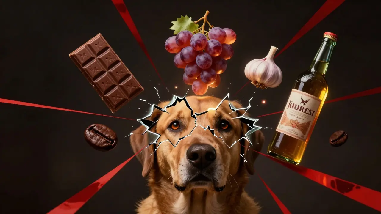 Собака окружена светящимися символами токсичных продуктов: шоколад, виноград, чеснок.