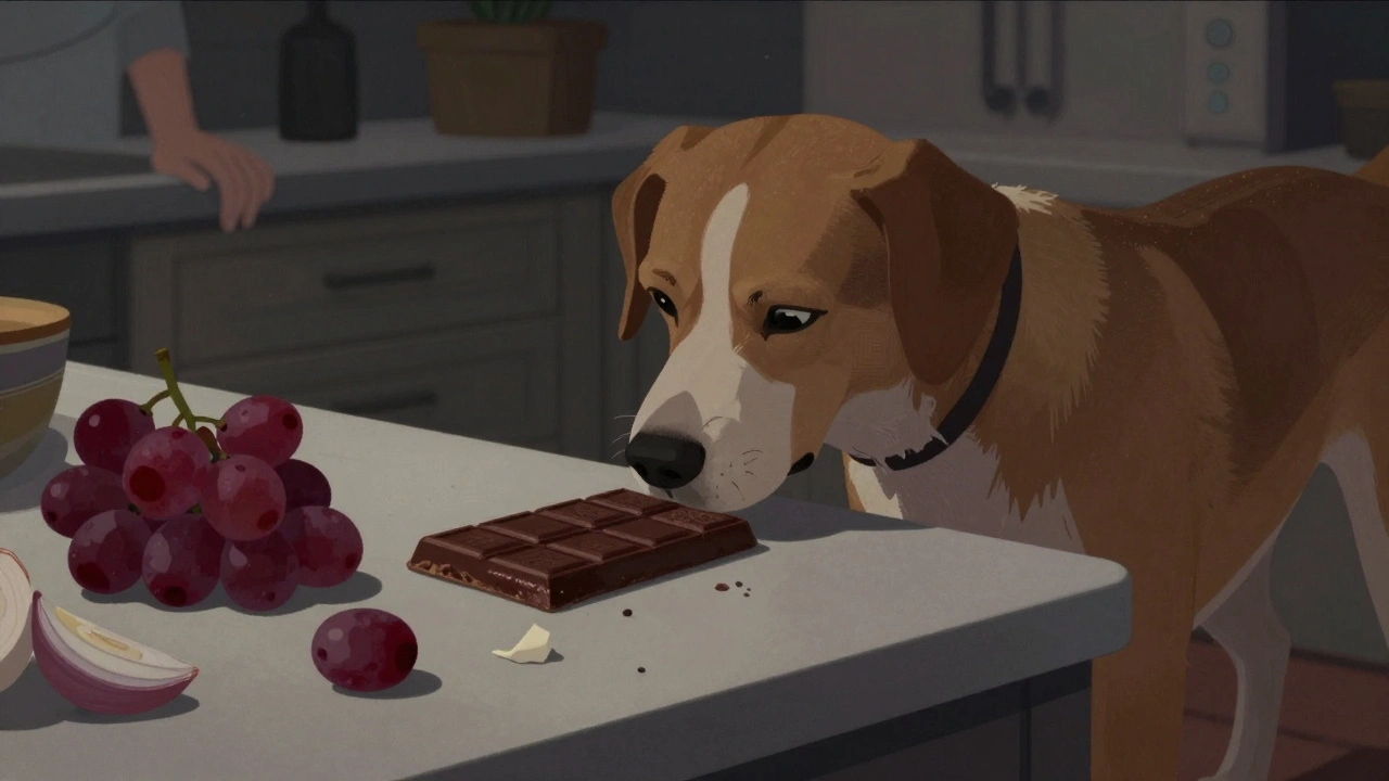 Собака осторожно sniffает запрещённый шоколад на кухонном столе.