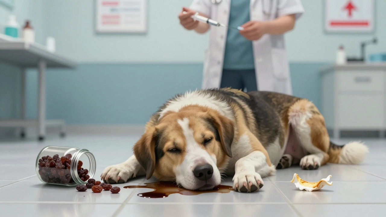 Собака слабо лежит на полу ветеринарной клиники, рядом разлиты изюм и жевательная резинка.