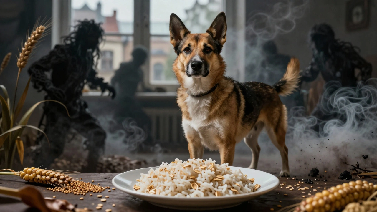 Собака стоит рядом с безопасной кашей, а вредные крупы превращаются в токсичный дым позади неё.