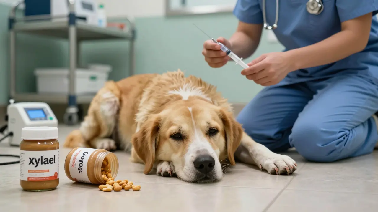 Собака в ветеринарной клинике, бледные дёсны, рядом разлитый ксилитовый джем.