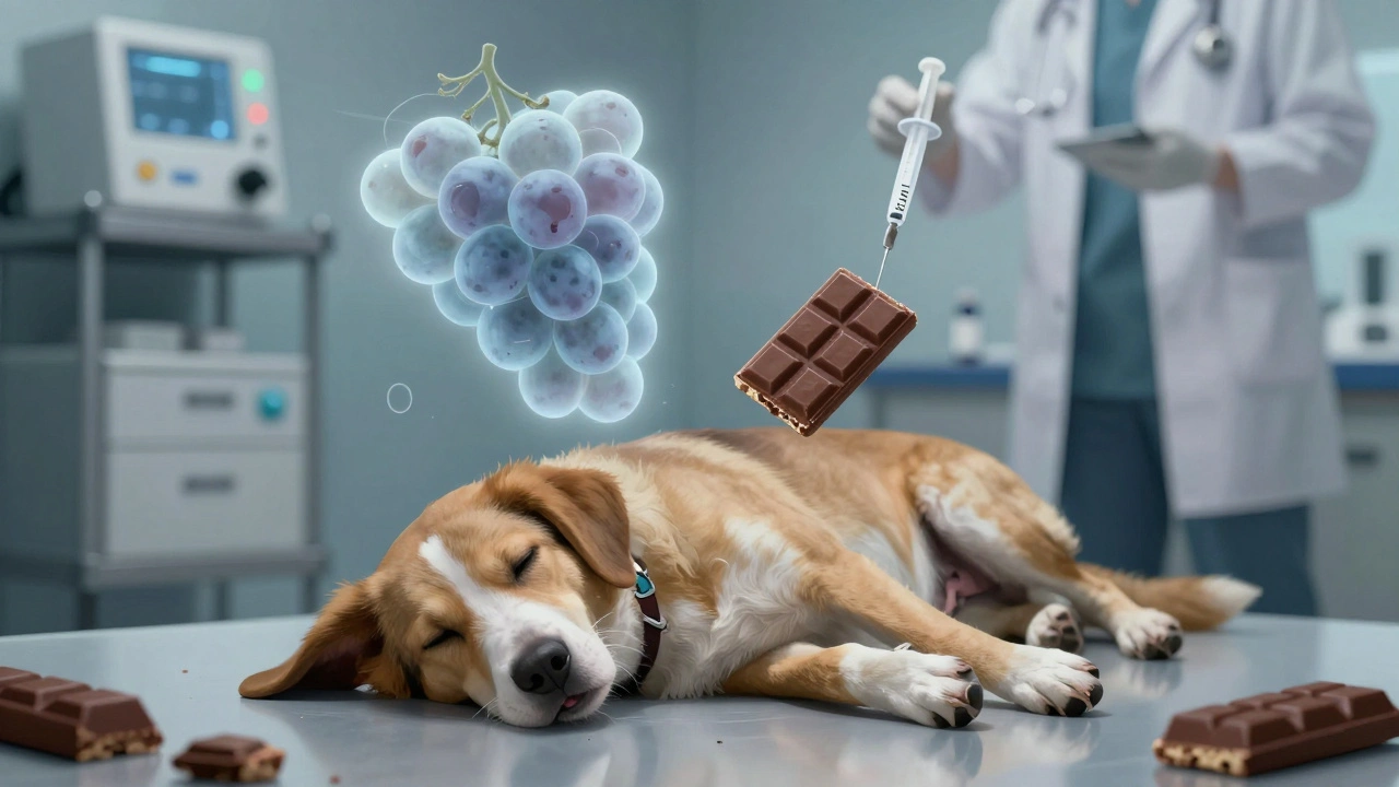 Собака в ветклинике слабо лежит, вокруг — признаки отравления виноградом и шоколадом.